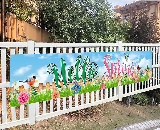 Hello Spring Large Banner Birds with Flowers Banner,Welcome Home Outdoor Flag Sign Decorations Holiday Party Polyester Outdoor Decor with Brass Grommets 8.2x1.64 Ft by GreenHaven Gardens