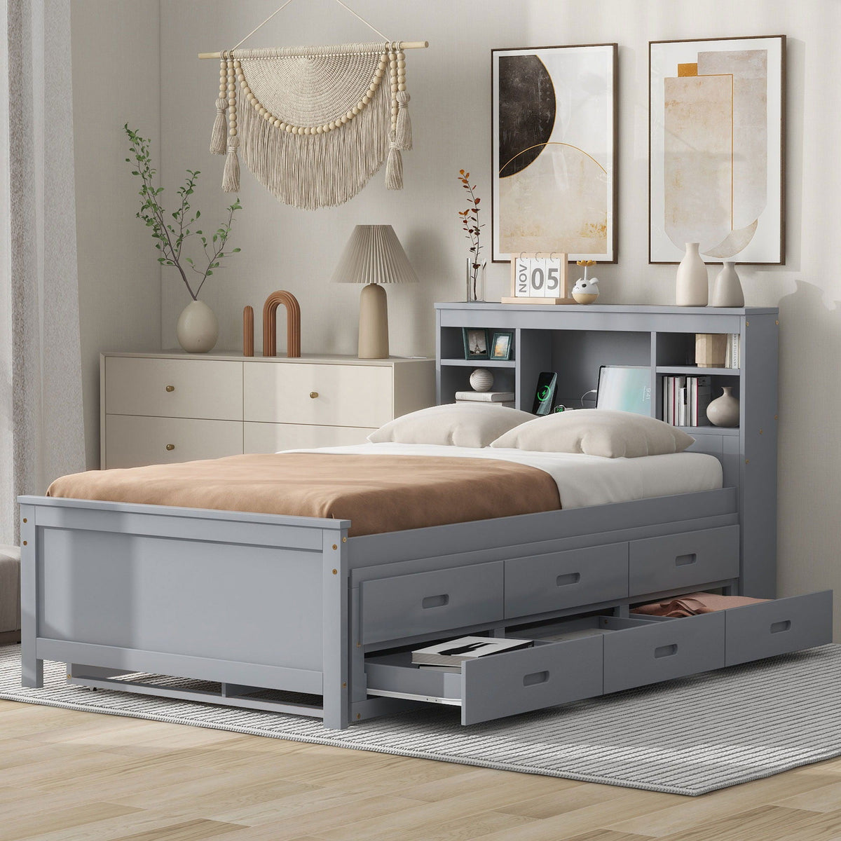 Platform Bed With Storage Headboard, USB, Trundle And 3 Drawers, photo 18 of 28