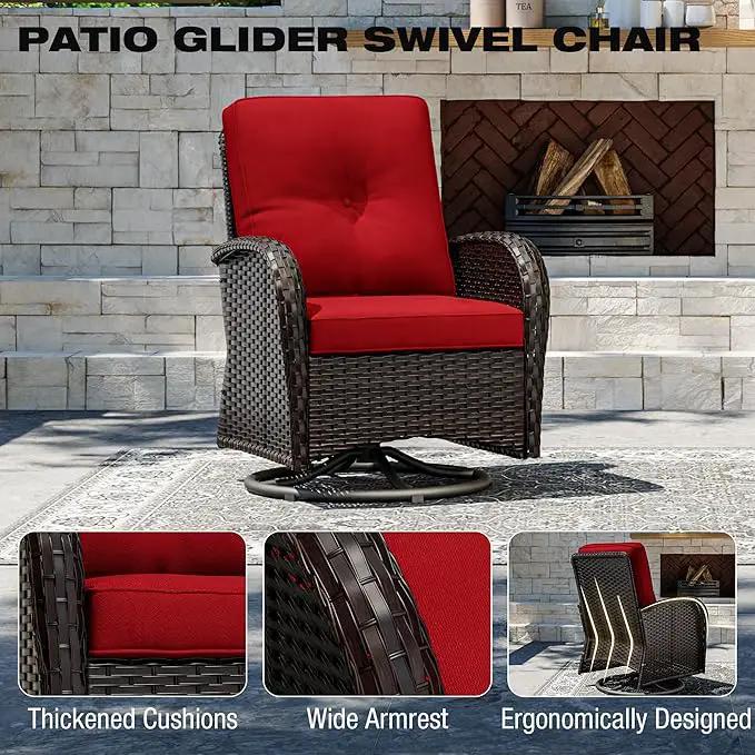 Joyside 9 Piece Patio Furniture Set, Outdoor Wicker Conversation Sets with Swivel Rocker Chairs and Sofa, Thick Cushion, Rattan Patio Sectional for Porch, Deck Use (Brown/Red, 9 PCS) by GreenHaven Gardens