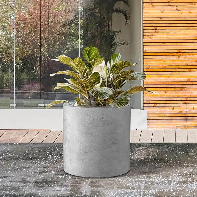 Kante 12.6" Dia Round Concrete Planter, Modern Style Large Cylindrical Plant Pot with Drainage Hole and Rubber Plug for Indoor Outdoor Patio, Natural Concrete by GreenHaven Gardens