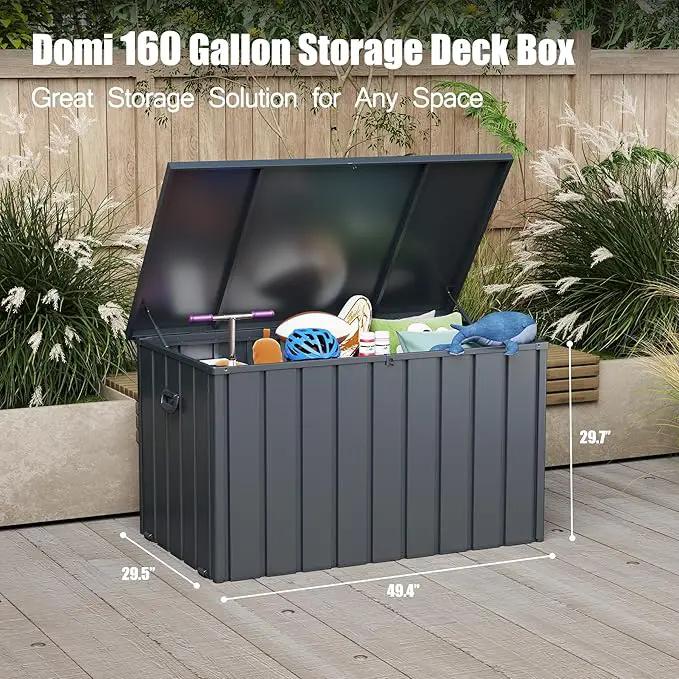 Domi Deck Box 160 Gallon, Waterproof Lockable Steel Outdoor Storage Container for Outside Cushions, Garden Tools and Pools Equipment, Gray by GreenHaven Gardens