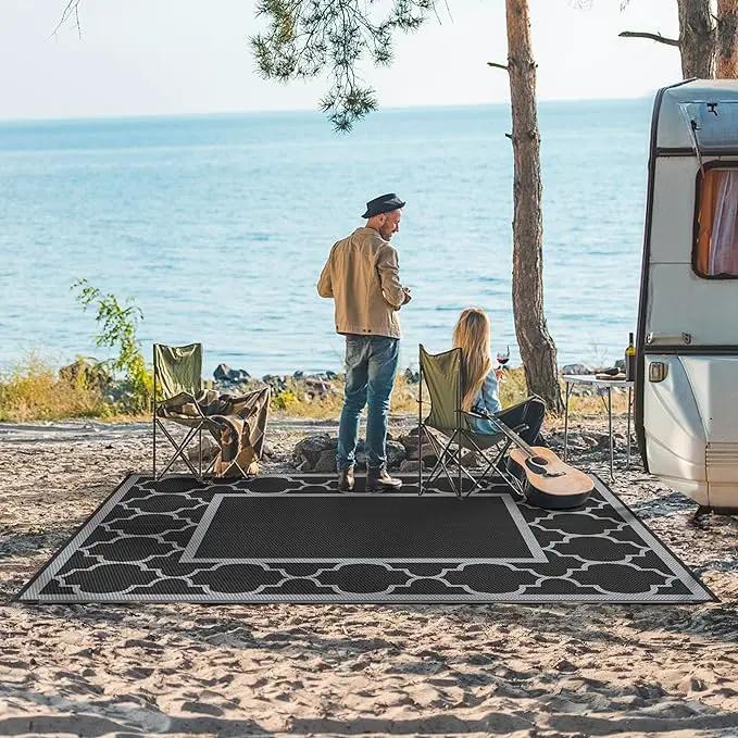 GENIMO 5' x 8' Outdoor Rug Waterproof for Patio Decor, Foldable Reversible Plastic Straw Area Rugs Mat for Camper, Outside Carpet for Rv, Deck, Porch, Picnic, Beach, Balcony, Black & Grey by GreenHaven Gardens