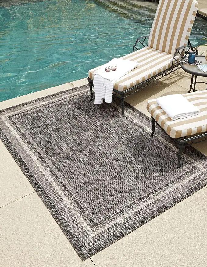 Unique Loom Outdoor Border Collection Area Rug - Soft Border (5' 3" x 7' 1" Rectangle Black/Ivory) by GreenHaven Gardens
