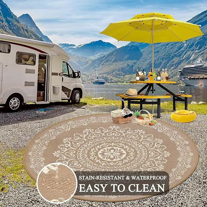 Pauwer Waterproof Outdoor Rug 8ft, Reversible Plastic Straw Patio Camping Rug, Indoor Outdoor RV Mat Carpet for Deck, Camper, Porch, Balcony, Backyard, Picnic, Floral Brown by GreenHaven Gardens