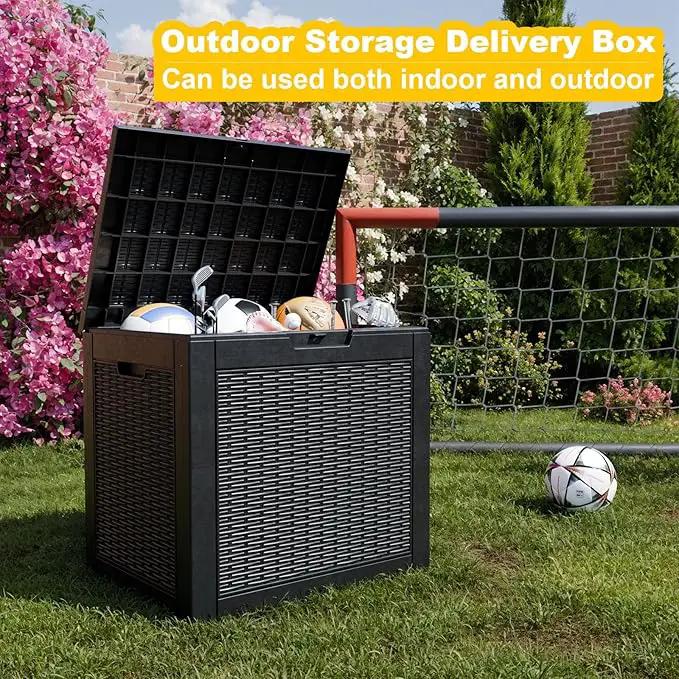 30 Gallon Wicker Pattern Resin Deck Box, Lockable Patio Outdoor Storage Box for Furniture, Garden Tools and Tools Storage, Waterproof Outside Storage Box - Black Rattan by GreenHaven Gardens