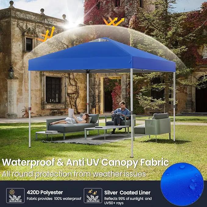 Shades 10x10 Pop Up Canopy with One Push Setup,Heavy Duty Beach Tent with Wheels for Easy Moving, Sun Shelter for Parties,Events, Outdoor Gazebo with 420D Coated Waterproof Blue Fabric by GreenHaven Gardens