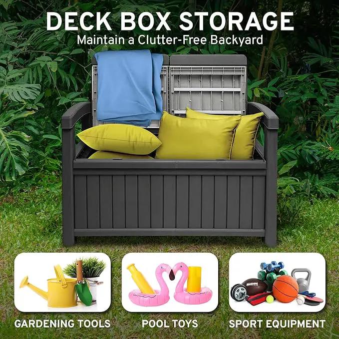 EconoHome 2 Seat Outdoor Storage Bench with Rain Cover - 60 Gallon Capacity - Weatherproof Resin Bench for Patio, Porch, Garden, Yard, Pool Area - Furniture for Pool Accessories, Gardening Tools by GreenHaven Gardens