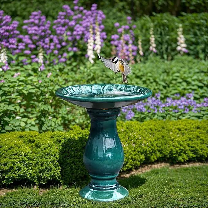 LuxenHome 22 Inch Ceramic Bird Bath for Outside, Elegant Tall Outdoor Bird Bath, Lightweight Pedestal Glazed Birdbaths for Outdoors with Floral Pattern, Dark Green by GreenHaven Gardens