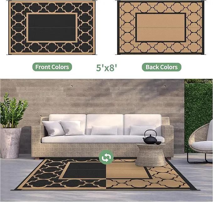 GENIMO 5' x 8' Outdoor Rug Waterproof for Patio Decor, Foldable Reversible Plastic Straw Area Rugs Mat for Camper, Outside Carpet for Rv, Deck, Porch, Picnic, Beach, Balcony, Black & Brown by GreenHaven Gardens