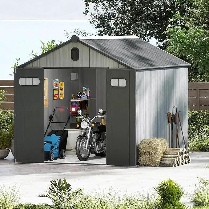Domi 8x10FT Outdoor Resin Storage Shed with Transparent Windows & Louvered Vents, Plastic Tool Shed with Double Lockable Doors & Gable Roof, Outside Garden Shed for Backyard, Patio, Lawn, Grey by GreenHaven Gardens