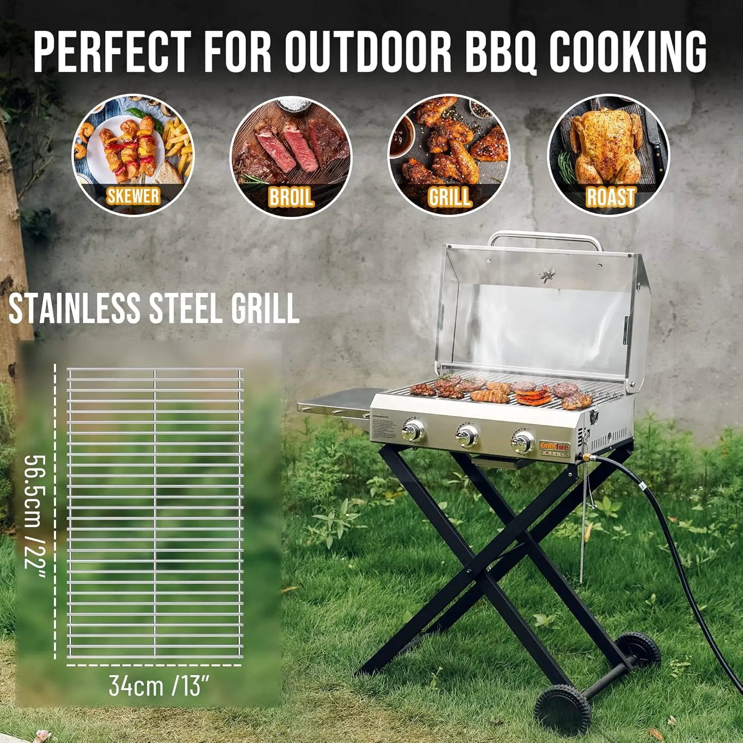 BBQ Gas Grill 3-Burner with Foldable Cart & Side Table, Portable Propane Grill with Lid for Outdoor Patio Backyard Barbecue Camping Tailgating RV Trip, Stainless Steel, GS308 by GreenHaven Gardens