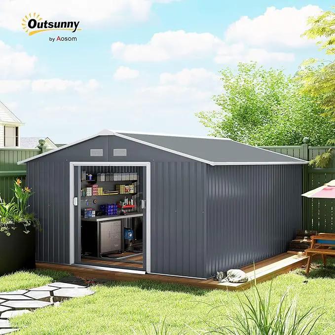 Outsunny 11' x 13' Outdoor Storage Shed, Garden Tool Metal Shed with Foundation Kit, Double Lockable Door, Air Vents and Sloping Roof, for Backyard, Patio, Lawn, Dark Gray by GreenHaven Gardens