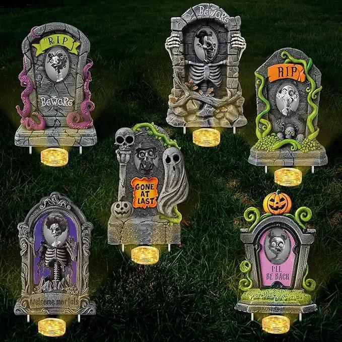Hiboom 6 Set Large Halloween 3D Changing Face Rip Graveyard Tombstones and 23.6x15.7 Inch Halloween Skeleton Headstone 6 Pcs LED String Lights Halloween Decoration for Yard Garden Lawn by GreenHaven Gardens