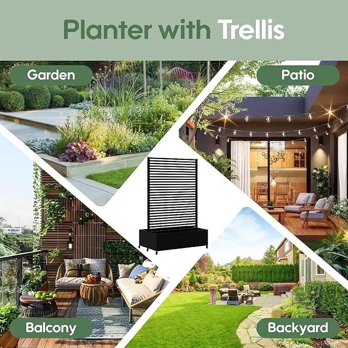Double Metal Planter Box with Trellis Privacy Screen, Raised Garden Bed with Trellis & Wheels, Planter Box Outdoor with Drainage Holes for Climbing Plants, Vegetable, Vines,73"x 47"x 30", Black by GreenHaven Gardens