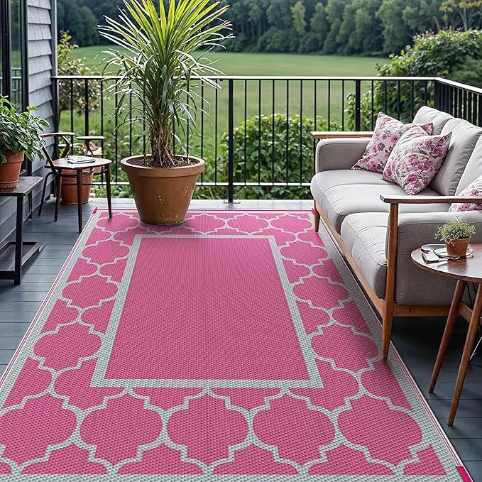 GENIMO 6' x 9' Outdoor Rug Waterproof for Patio Decor, Foldable Reversible Plastic Straw Area Rugs Mat for Camper, Outside Carpet for Rv, Deck, Porch, Picnic, Beach, Balcony, Pink & Grey by GreenHaven Gardens