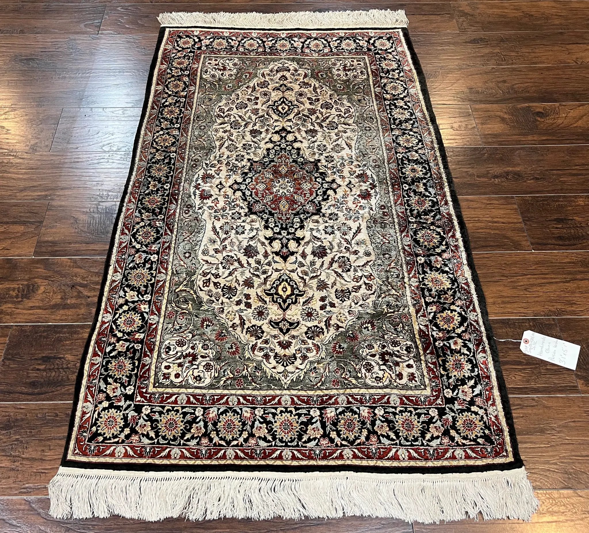 Silk Sino Persian Rug 3x5, Floral Medallion, Hand Knotted Silk Pile Silk Foundation, Traditional Silk Handmade Oriental Carpet, Cream Black by Jewel Rugs