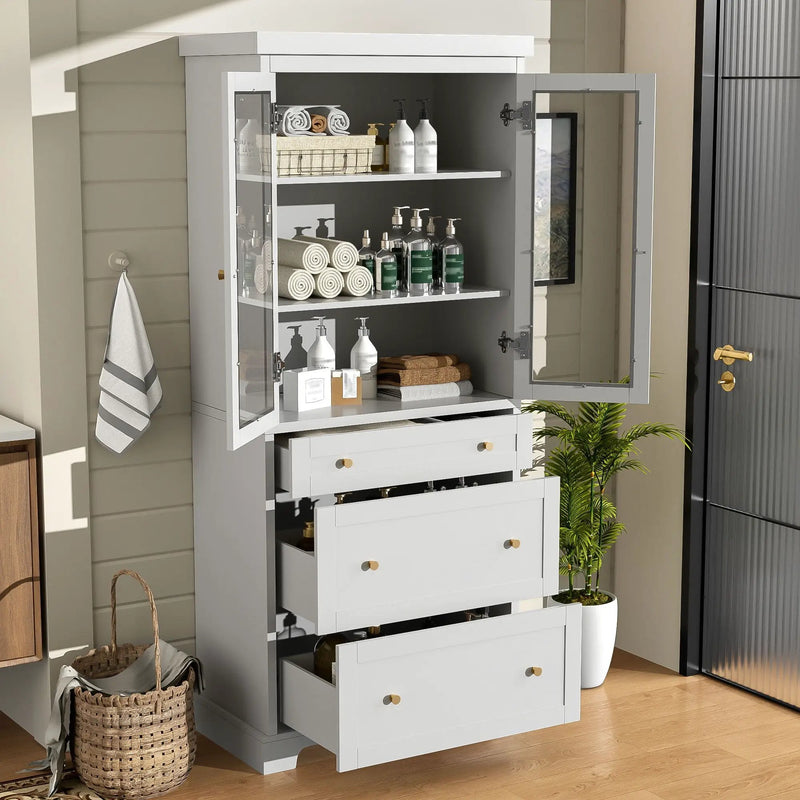 Freestanding Tall Bathroom Cabinet With Adjustable Shelves, Drawers, Soft Close Glass Doors by HouseOfZazla