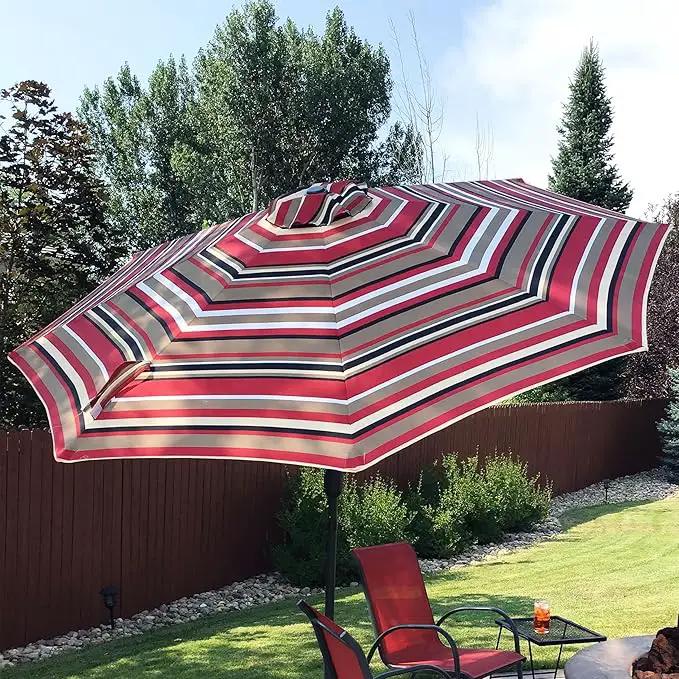 Sunnydaze Outdoor Patio Umbrella - Polyester Table Market Umbrella with Push-Button Tilt and Crank - 8 Sturdy Ribs - Awning Stripe - 9ft by GreenHaven Gardens