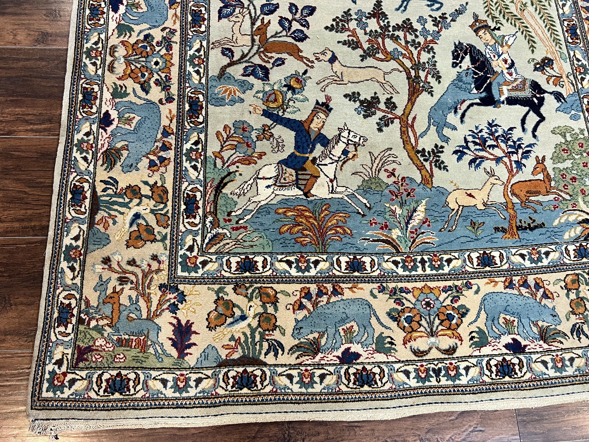 Persian Kashan Pictorial Rug 4.6 x 7, Hunting Scene, Signed by Masterweaver, Animal Pictorials, Rare, Handmade, Wool, Vintage, Very Fine by Jewel Rugs