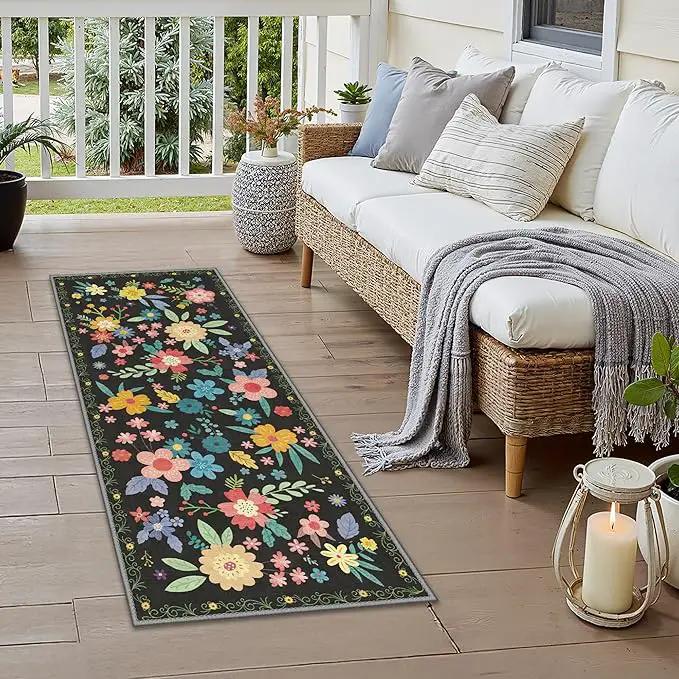 GENIMO Indoor Outdoor Area Rug 2' X 5' Waterproof, Washable Runner Rug Non Shedding, Easy Cleaning Floral Outdoor Carpet for Patio, Living Room, Bedroom, Entryway, Porch, Dining Room, Black by GreenHaven Gardens