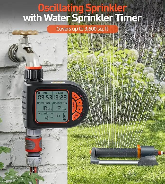 Oscillating Sprinkler with Irrigation Timer, Adjustable Sprinklers for Yard Large Area, Cover up to 3,600 sq. ft, Programmable Water Sprinkler Timer, Rain Delay Lawn & Garden Sprinklers Timer by GreenHaven Gardens