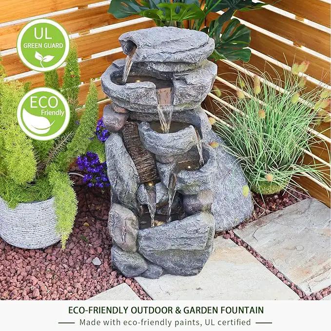 Water Features Outdoor Patio 6-Tier Cascading Rock Water Fountain 31.5''Water Fall Fountain Outside Resin Fountain with Light Mossy Rock Floor Garden Fountain Indoor for Relaxation Home Decor by GreenHaven Gardens