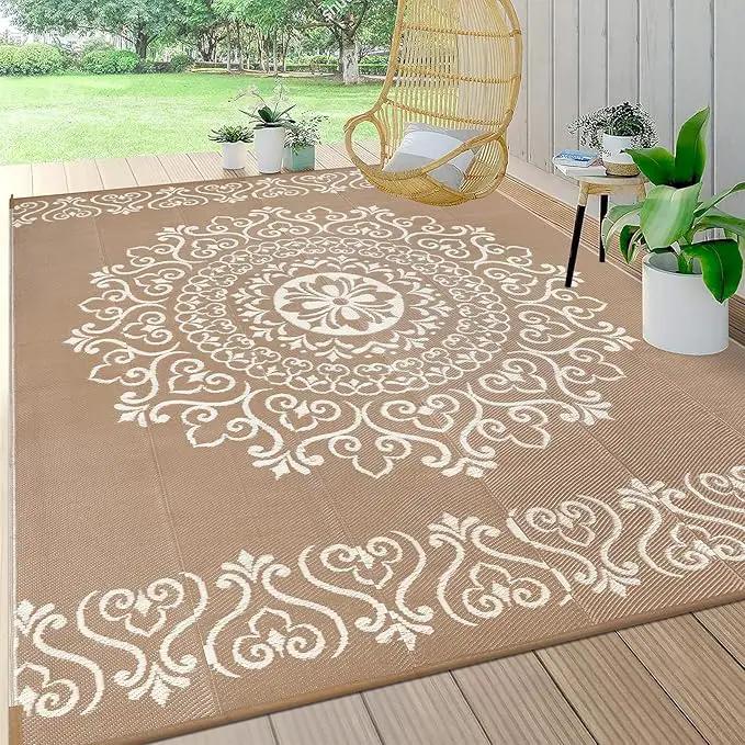 Pauwer Waterproof Outdoor Rug 9x12, Reversible Plastic Straw Patio Camping Rug, Indoor Outdoor RV Mat Carpet for Deck, Camper, Porch, Balcony, Backyard, Picnic, Floral Brown by GreenHaven Gardens