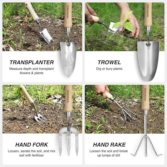 WORKPRO 8-Piece Pink Garden Tool Set, Stainless Steel Gardening Tools with Wood Handle, Including Garden Tote, Gloves, Trowel, Hand Weeder, Cultivator and More, Gardening Gifts For Women - Pink Ribbon by GreenHaven Gardens