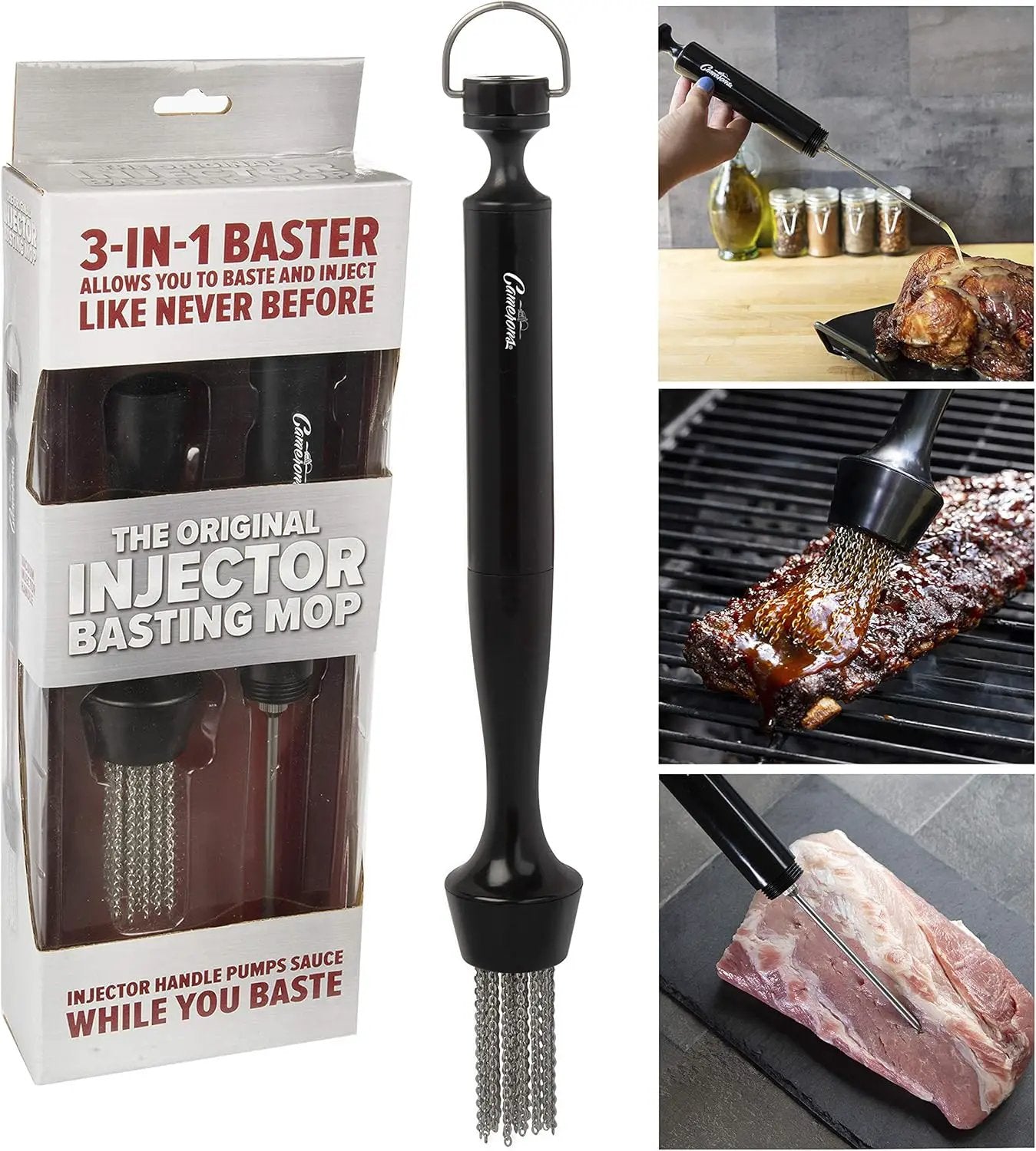 Camerons 3-in-1 Barbecue Injector Basting Mop - Baster Set Includes BBQ Chain Basting Brush & Meat Syringe to Baste, Marinate & Inject Food w Flavor - Indoor Outdoor Use - Grilling Cookout Essential by GreenHaven Gardens
