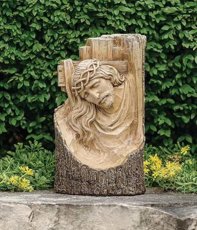 Joseph's Studio by Roman, 12" H Carved Cross with Jsesus Garden Statue, Religious Outdoor Decor by GreenHaven Gardens
