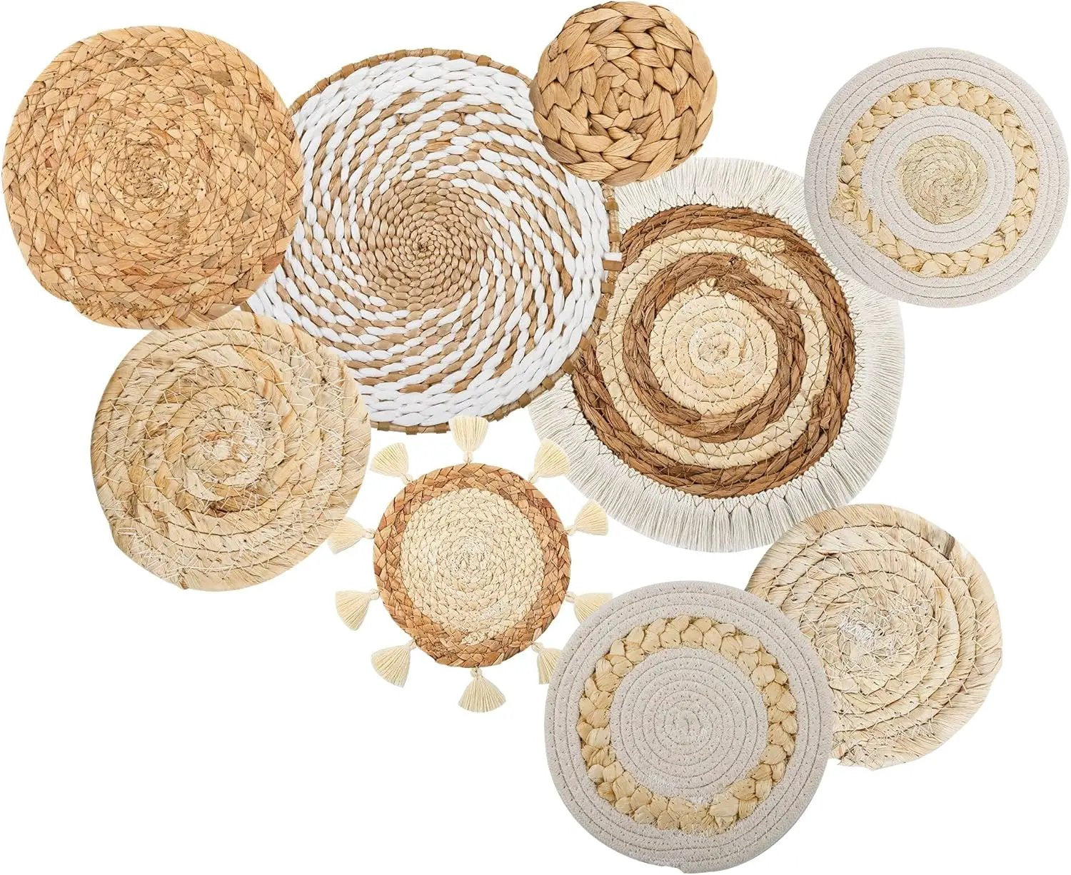 Boho Wall Basket Decor Set of 9, Woven Hanging Wall Decor Seagrass Rattan Wicker Round Handmade Rustic Flat Elegant Wall Art for Farmhouse Living Rooms Bedrooms Display Table Settings Kitchen Home by GreenHaven Gardens
