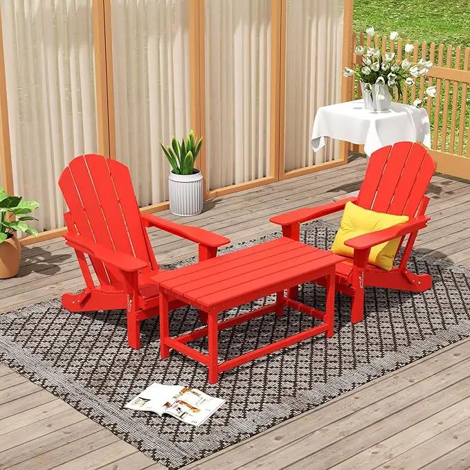 WO Home Furniture Adirondack Chairs Table Set of 3 PCS Outdoor Folding Chairs Coffee Table Weather/UV Resistant for Lawn, Garden, Bon Fire, Balcony (Red) by GreenHaven Gardens