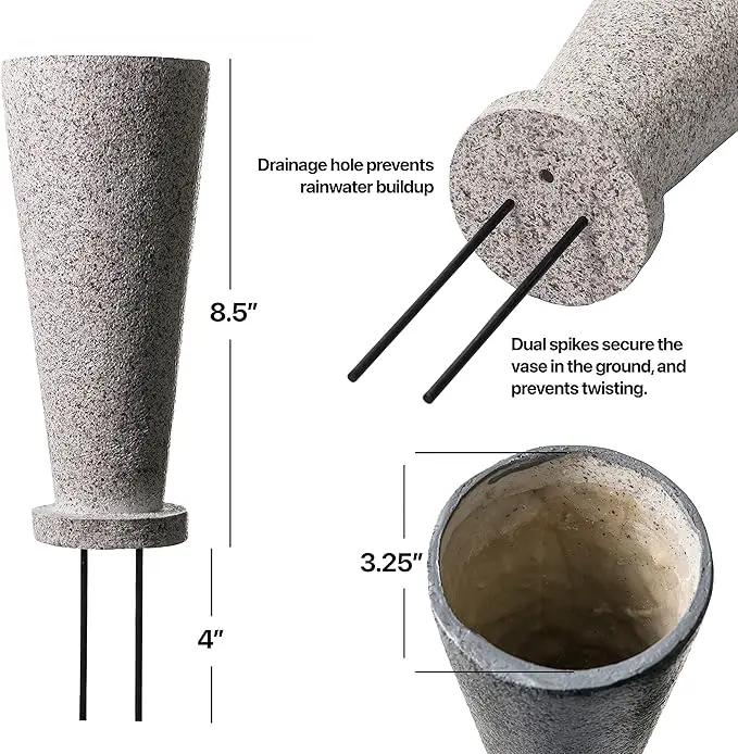 Cemetery Vase with Stakes - Plastic Flower Vases with 2 Ground Spikes, Draining Holes - for Garden, Lawn, Yard - Memorial Grave Decorations 12.7x3.4x3.9, Grey Granite Design by GreenHaven Gardens