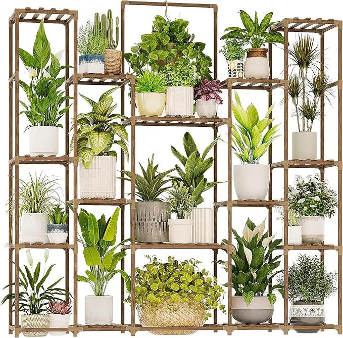Bamworld Large Plant Shelf Plant Stand Indoor Hanging Tall Outdoor Plant Holder Wood for Multiple Plants Plant Rack for Living Room Garden Balcony Flower 17 Pots Wide by GreenHaven Gardens