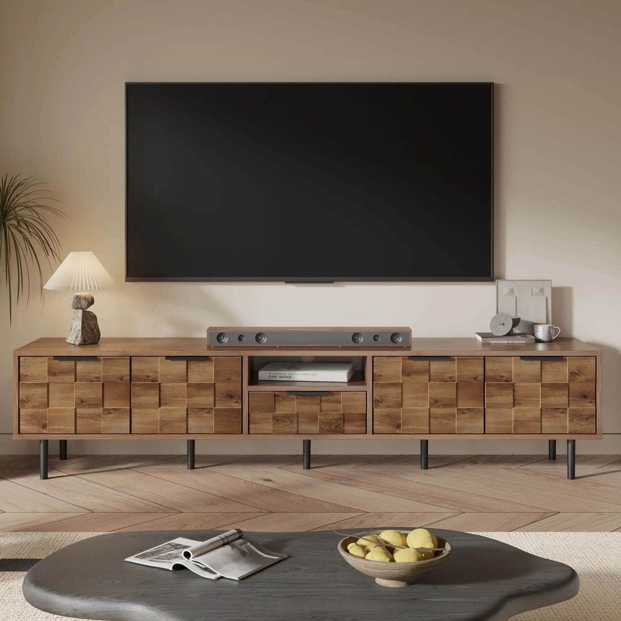 TV Stand, L Shaped Handle Entertainment Console With Storage - Natural by Unique Piece Furniture