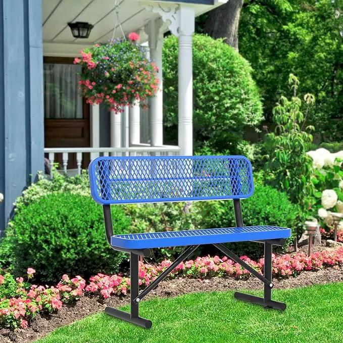 Heavy Duty Park Bench with Back Portable Frame, Outdoor Steel Bench with Backrest, Outdoor Park Bench Expanded Metal Mesh Bench for Lawn, Park, Deck, Garden, Patio, Porch, Black (Blue, 4FT) by GreenHaven Gardens