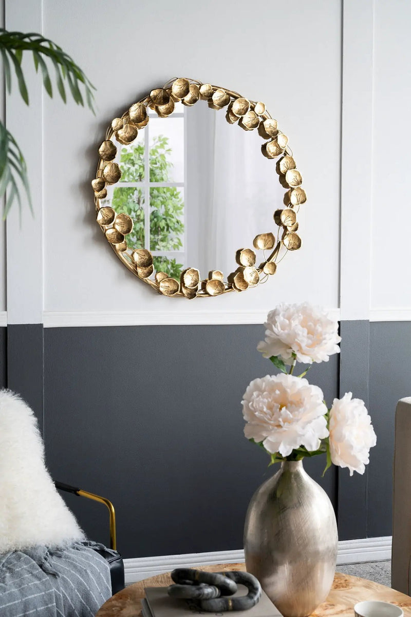 Round Metal Wall Mirror With en Leaf Accents, Modern Decor Mirror For Living Room Entryway Hallway - Gold by Unique Piece Furniture