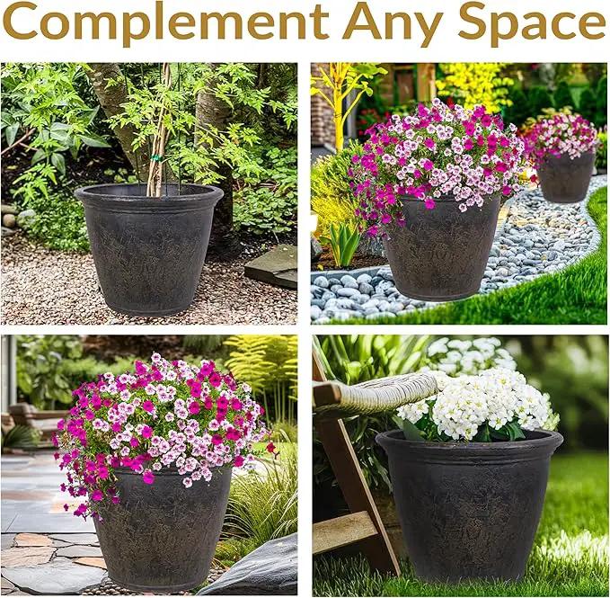Sunnydaze 24-Inch Anjelica Large Plastic Pot for Plants - Outdoor Polyresin Round Planter with Drillable Drainage Holes - Sable by GreenHaven Gardens