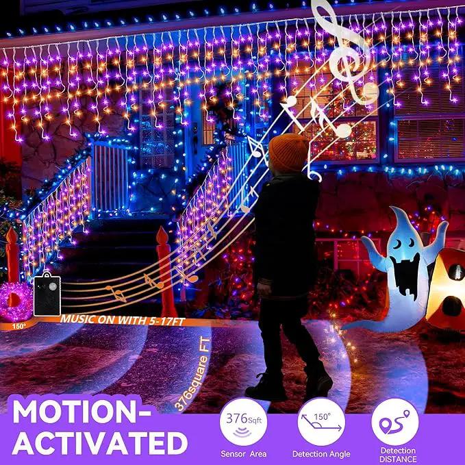 Halloween Icicle Lights with Spook Music Motion Sensing Function - 340LED 29Ft Purple Orange Curtain String Lights - Plug in Lighting for Outdoor Garden Window House Bedroom Halloween Decorations by GreenHaven Gardens