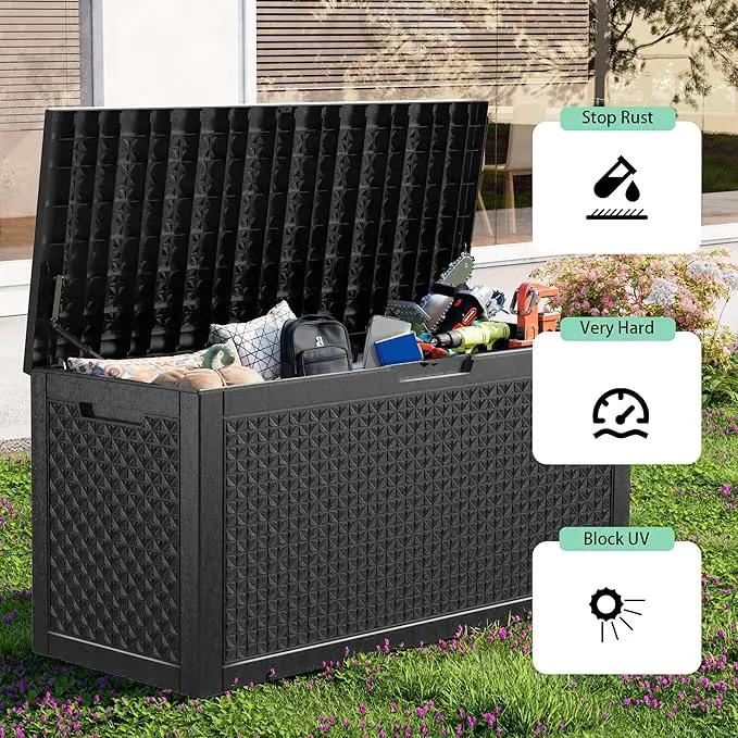 100 Gallon Resin Deck Box, Lockable Outdoor Storage Box for Patio Cushions Storage Furniture,Garden Tools, Pool Supplies, Weatherproof and UV Resistant（Black L） by GreenHaven Gardens