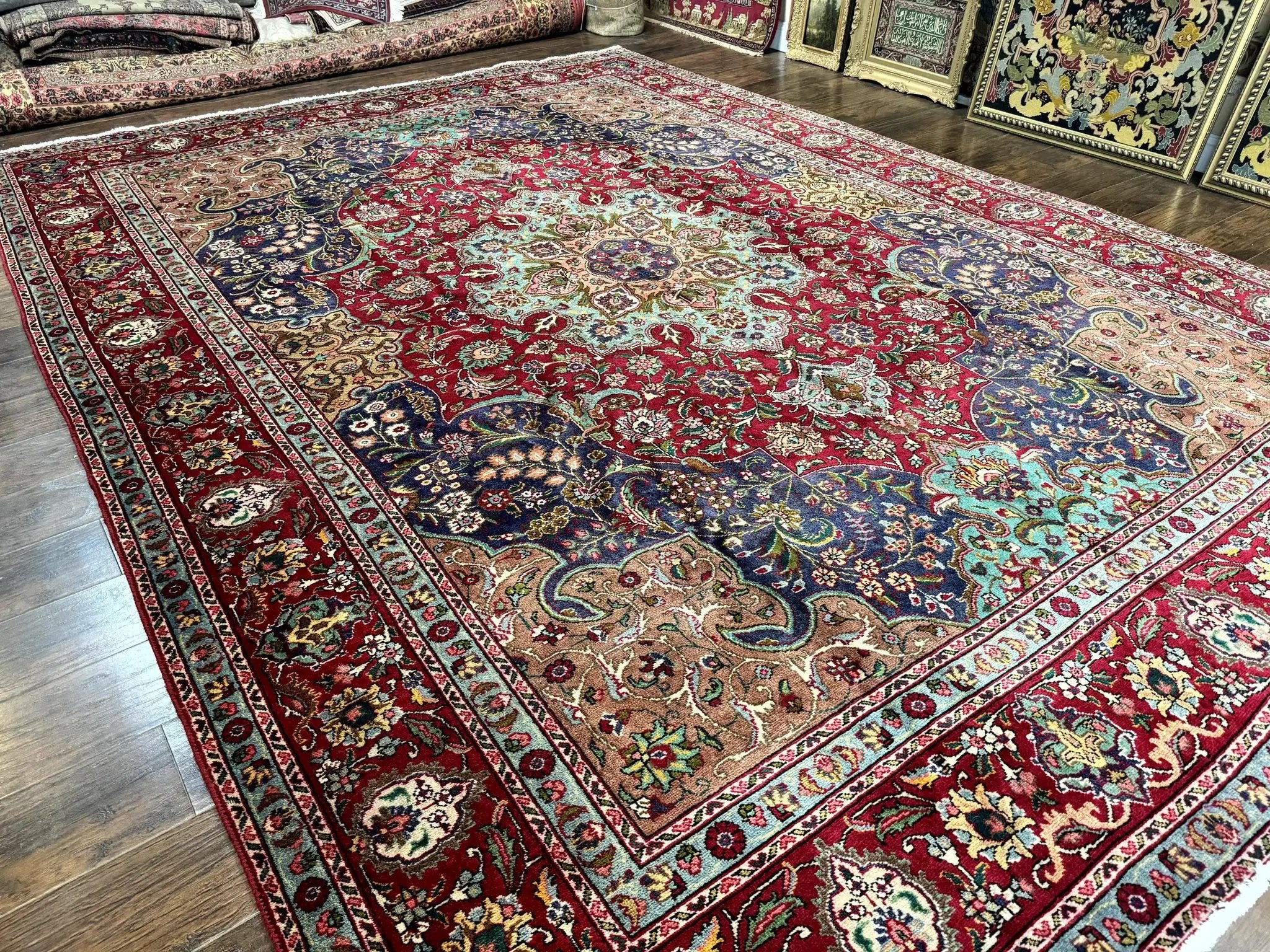 Wonderful Persian Tabriz Rug 10x14, Antique Persian Carpet, Handmade Wool Rug, Floral Medallion, Red Navy Blue, Colorful, Large Persian Area Rug by Jewel Rugs