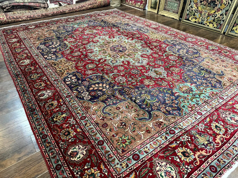 Wonderful Persian Tabriz Rug 10x14, Antique Persian Carpet, Handmade Wool Rug, Floral Medallion, Red Navy Blue, Colorful, Large Persian Area Rug by Jewel Rugs