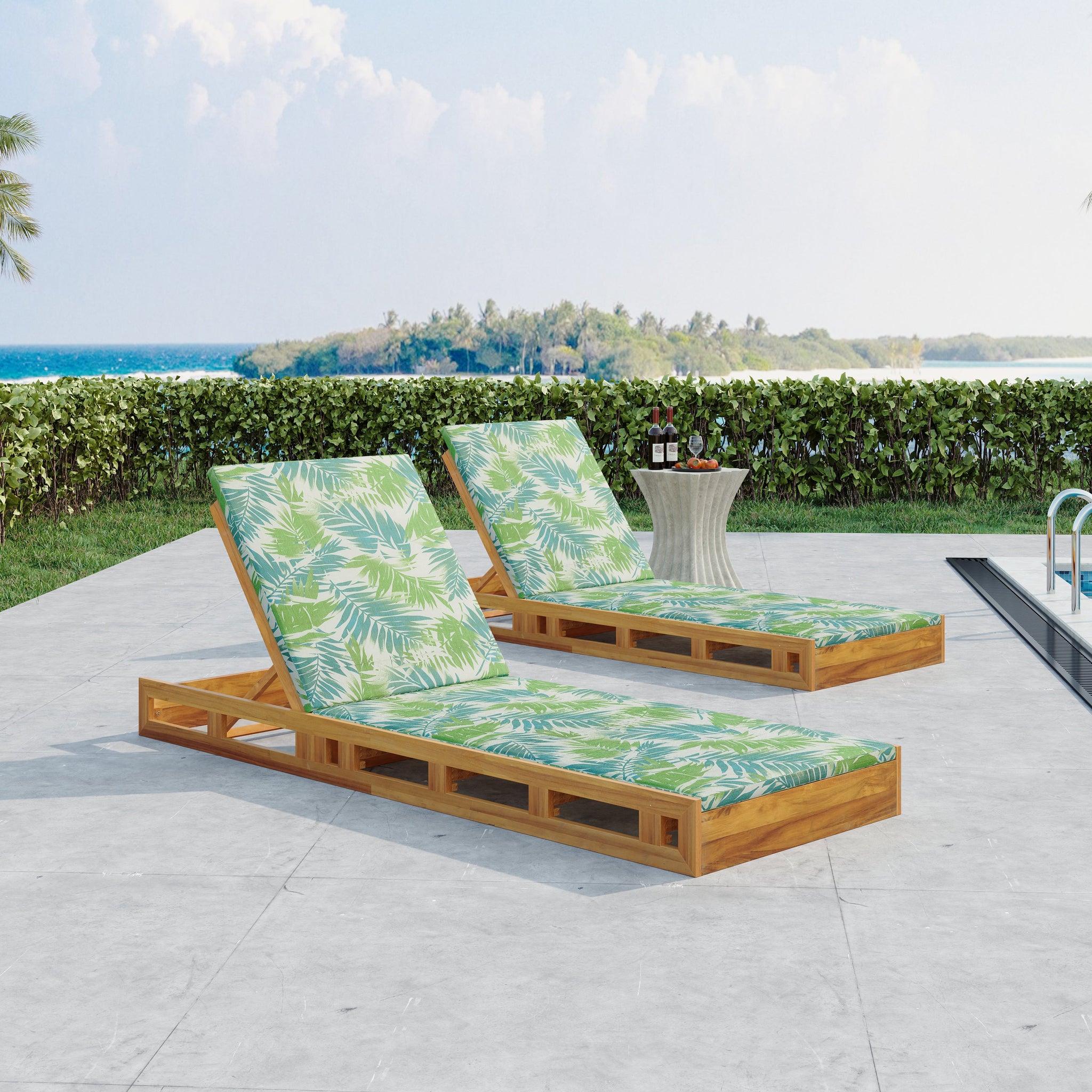 Lounge Chaise Set, Acacia Wood with Water-Resistant Lounge Cushions by HouseOfZazla