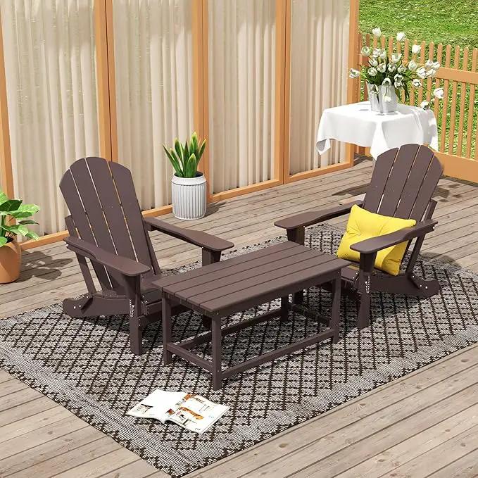WO Home Furniture Adirondack Chairs Table Set of 3 PCS Outdoor Folding Chairs Coffee Table Weather/UV Resistant for Lawn, Garden, Bon Fire, Balcony (Dark Brown) by GreenHaven Gardens