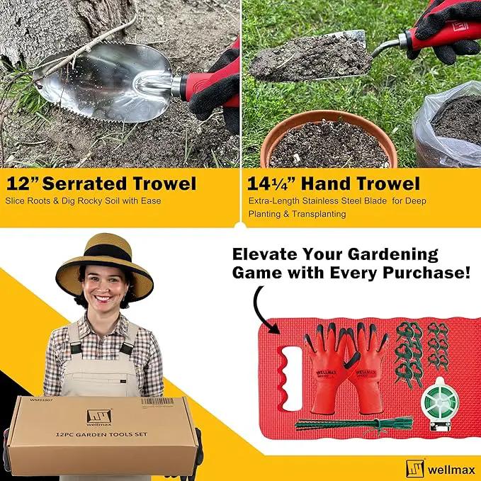 Wellmax 12-Piece Heavy-Duty Garden Tools Set with Bonus Accessories – Heavy Duty Garden Tools with Non-Slip Rubber Grip, Perfect for Digging, Weeding, Pruning & Planting by GreenHaven Gardens