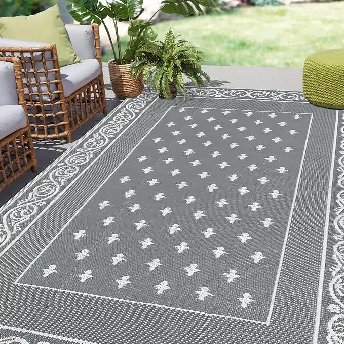 Pauwer Waterproof Outdoor Rug 6x9, Reversible Plastic Straw Patio Camping Rug, Indoor Outdoor RV Mat Carpet for Deck, Camper, Porch, Balcony, Backyard, Picnic, Bordered Grey by GreenHaven Gardens