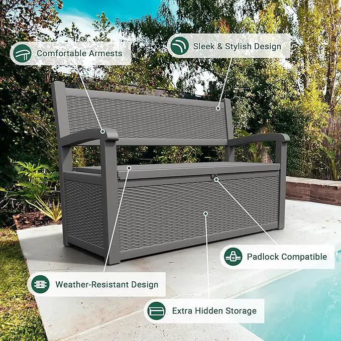 80 Gallon Outdoor Storage Box, Resin Patio Furniture with Armrest, Lockable Deck Box with Waterproof and UV Resistant for Patio Cushions, Garden Tools and Pool Supplies, Grey by GreenHaven Gardens