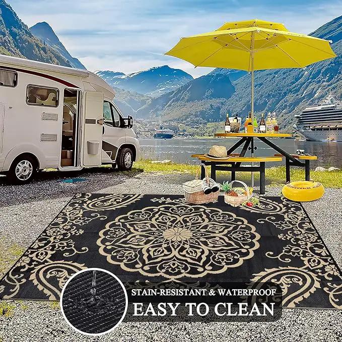 Pauwer Waterproof Outdoor Rug 8x10, Reversible Plastic Straw Patio Camping Rug, Indoor Outdoor RV Mat Carpet for Deck, Camper, Porch, Balcony, Backyard, Picnic, Boho Black Brown by GreenHaven Gardens