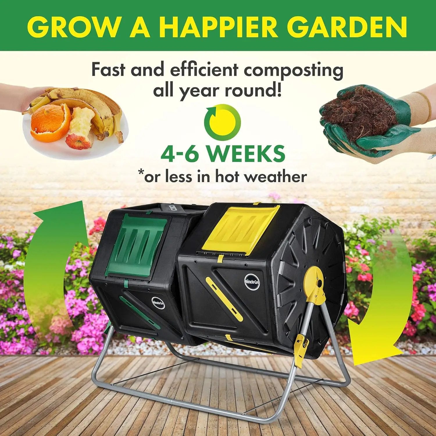 Miracle-Gro Large Dual Chamber Compost Tumbler – Easy-Turn, Fast-Working System – All-Season, Heavy-Duty, High Volume Composter with 2 Sliding Doors - (2 – 27.7gallon /105 Liter) by GreenHaven Gardens