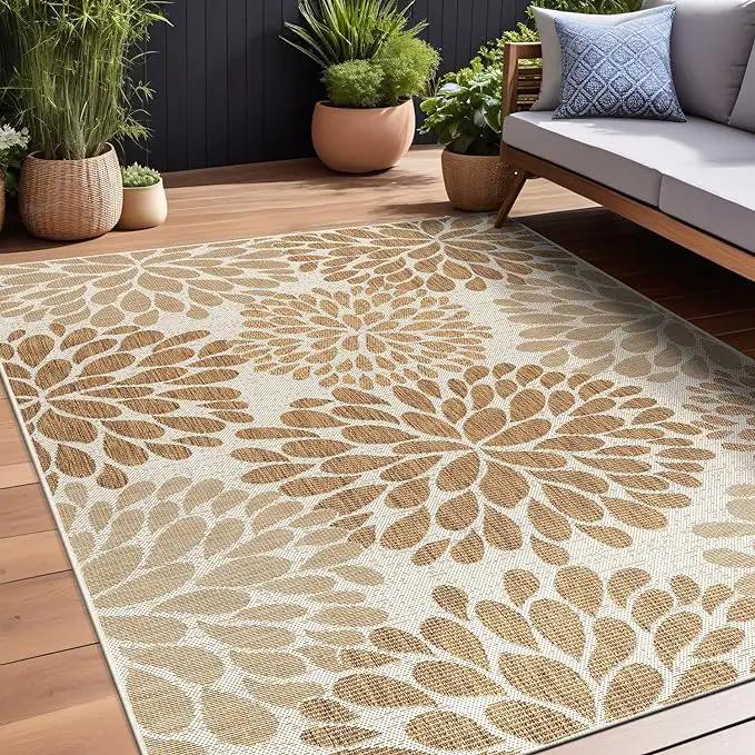 Beverly Rug Outdoor Rug 9x12 Modern Exotic Tropical Leaf Area Rugs for Indoor and Outdoor Patio Deck Porch Garden Water Resistant Washable Outside Carpet (9 x 12 Beige) by GreenHaven Gardens